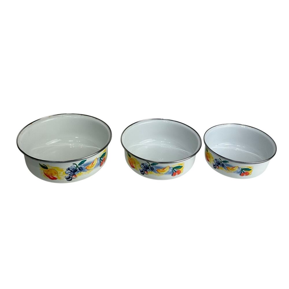 Vintage lincoware Enamel Mixing Nesting Enamelware Bowls Fruit Print Peach Set 3